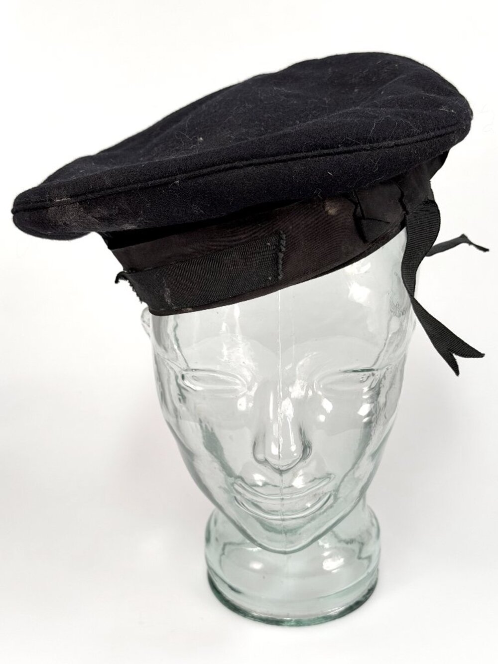 Vintage WWII Royal Navy Sailors Wool Flat Cap Hat Ribbon Bow Leather Sweatband